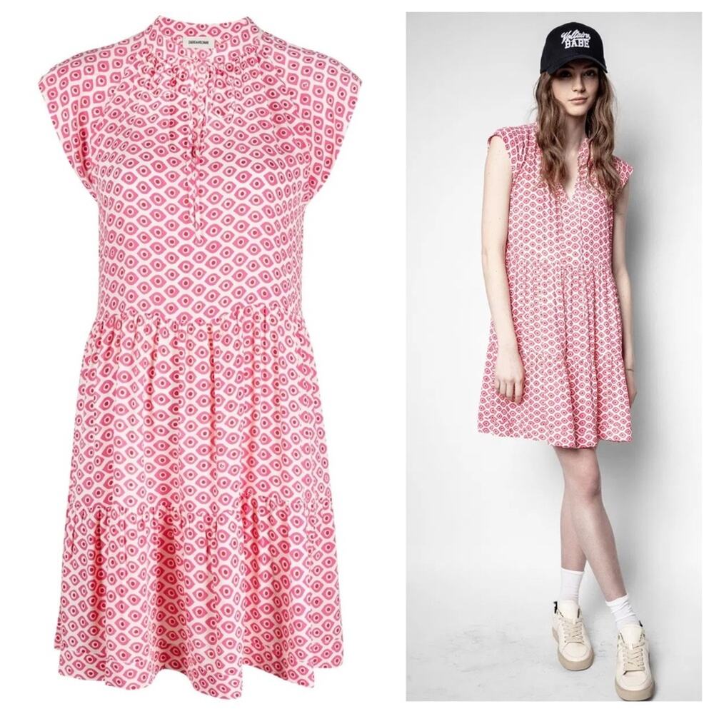 Zadig & Voltaire Rito Eyes Dress Pink White Geometric Cap Sleeve Floral Ruffle S